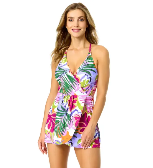 Mod Tropical Swim Dress with Skirted Bottom